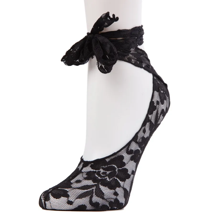 Floral Lace Ankle-Tie Sock - Black