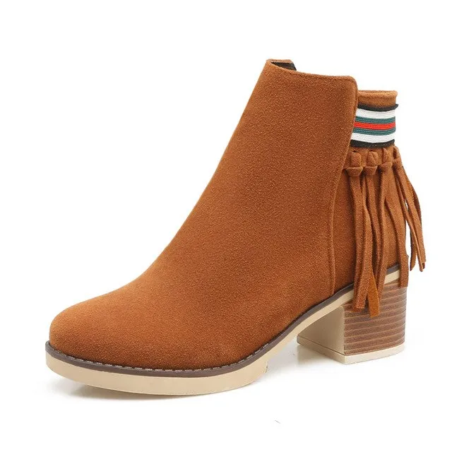 Fringe Zip Up Square Heels Ankle Boots Shoes