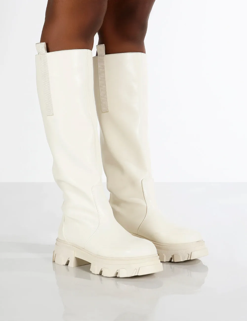 Genius Ecru Wide Fit Knee High Chunky Sole Boots