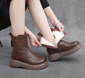 Genuine Leather Natural Wool Fur Platform Mid Calf Snow Boots For Women