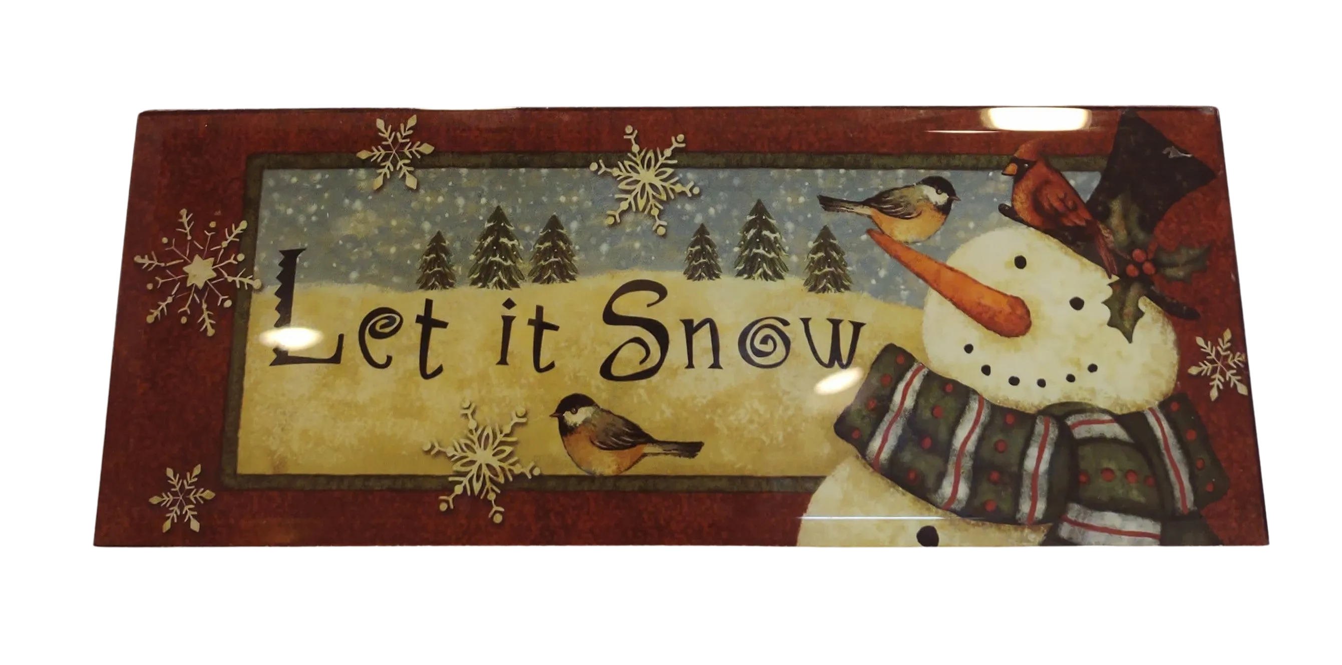 Glass & Wooden Sign with Winter Scene & Snowman - Let It Snow- 9.5"x4"