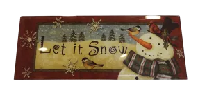 Glass & Wooden Sign with Winter Scene & Snowman - Let It Snow- 9.5"x4"