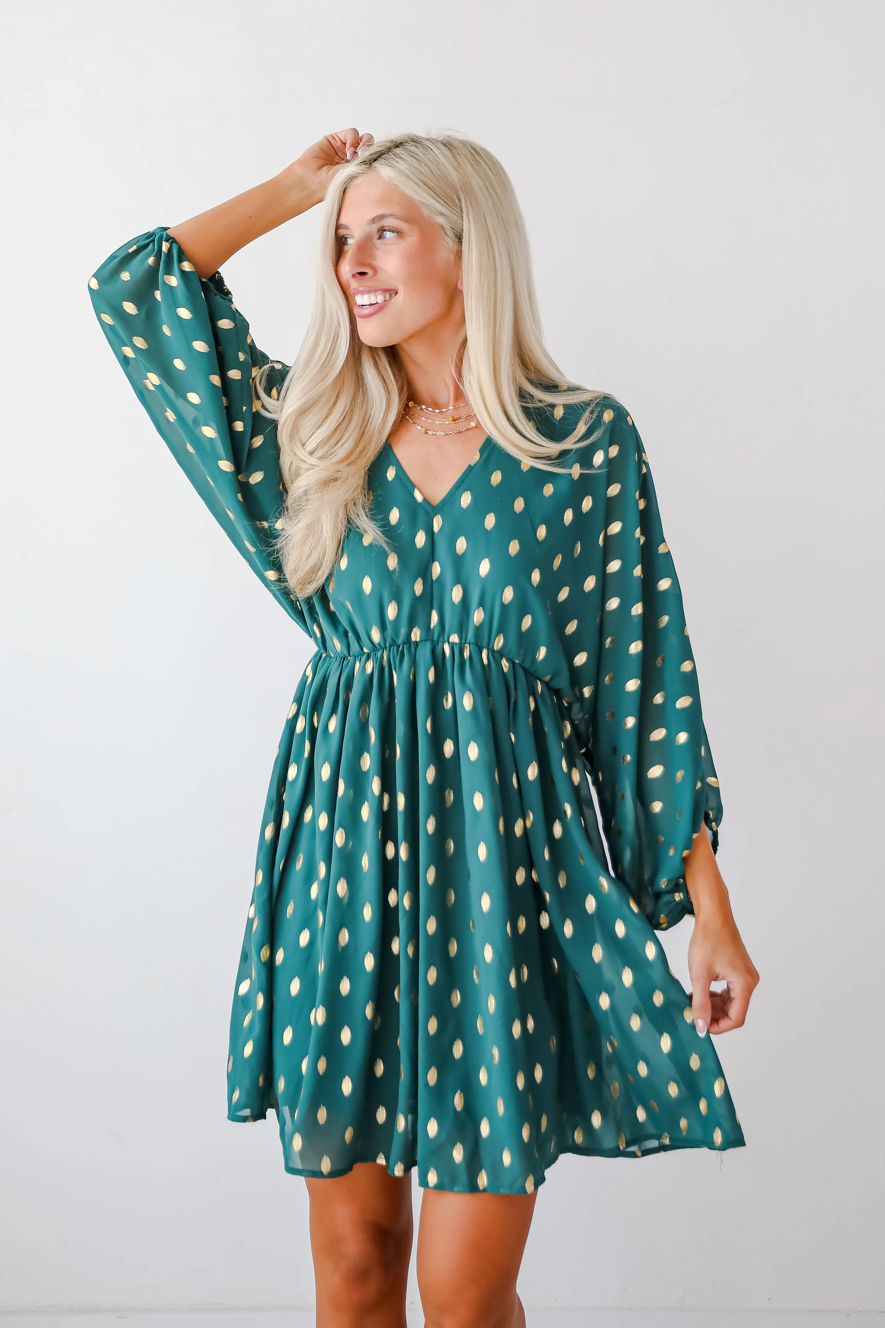 Gorgeous Favorite Hunter Green Dotted Babydoll Mini Dress