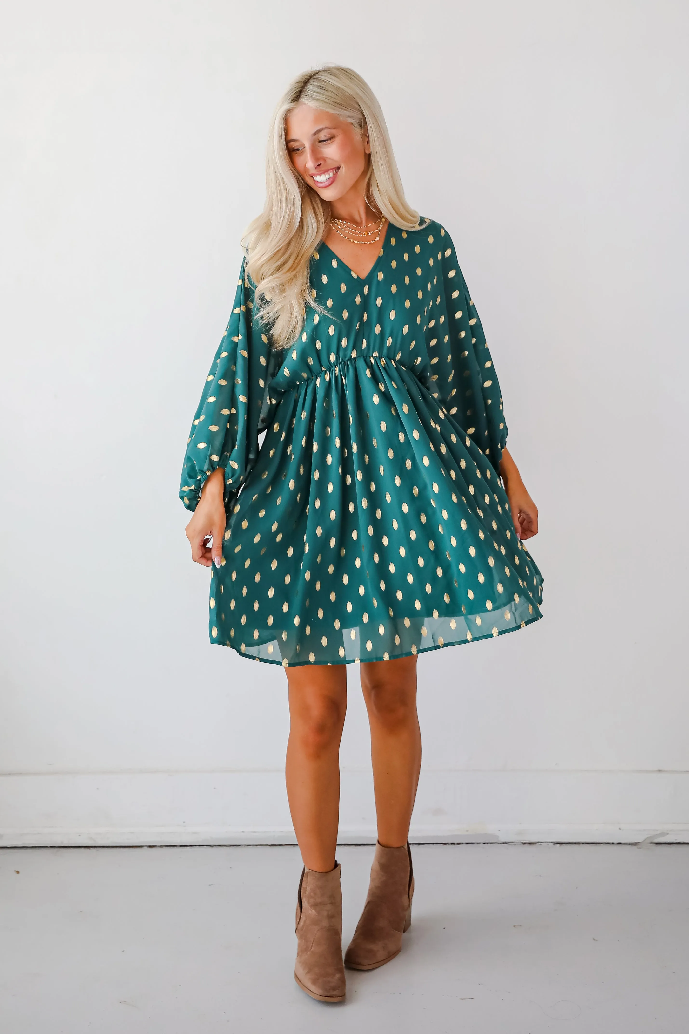 Gorgeous Favorite Hunter Green Dotted Babydoll Mini Dress