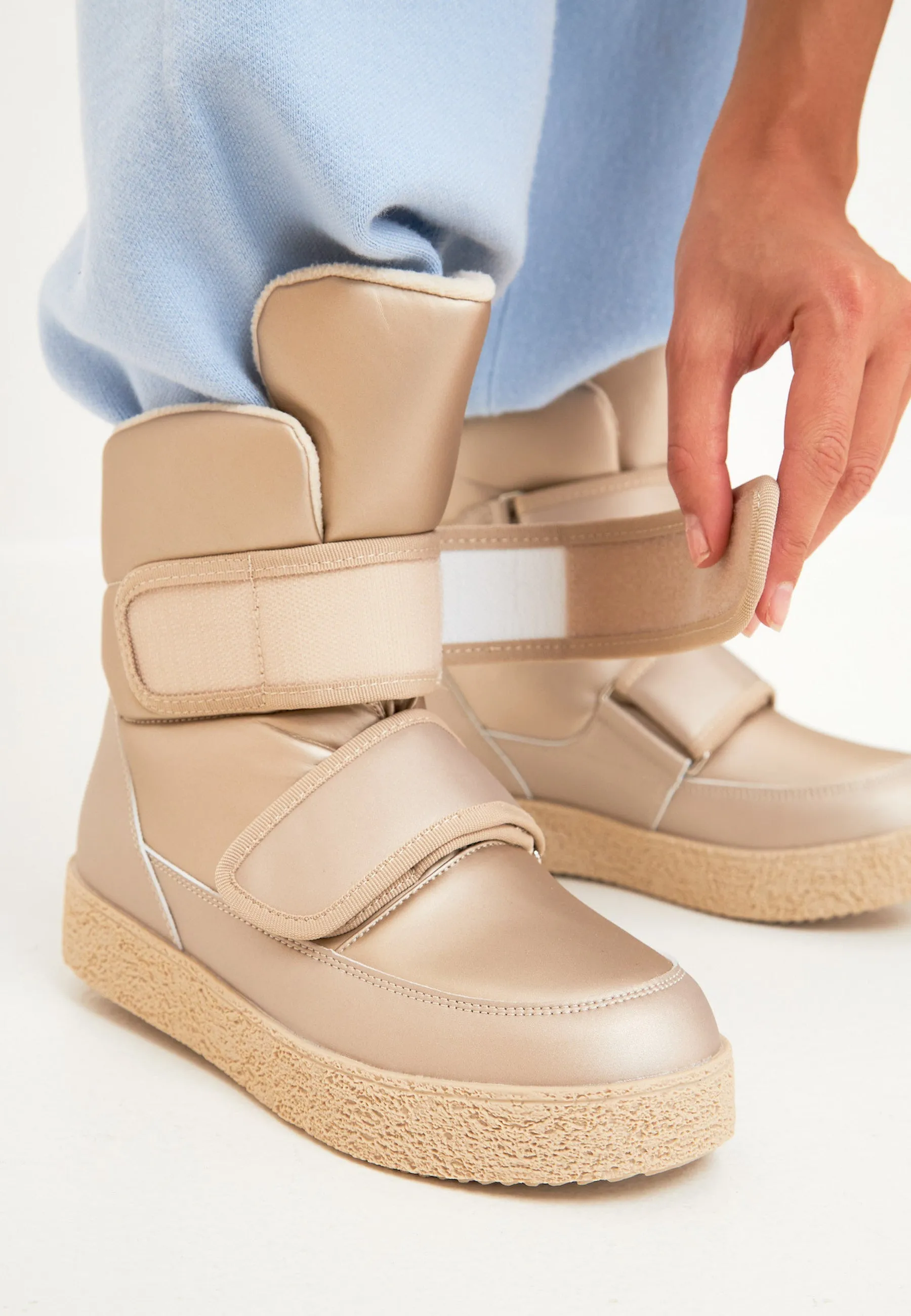 High-Top Winter Boots with Velcro Straps - Beige