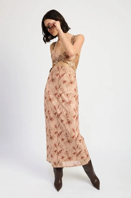 Hot Girl Bohemian Bloom Lace Contrast Floral Maxi Dress In Earthy Peach