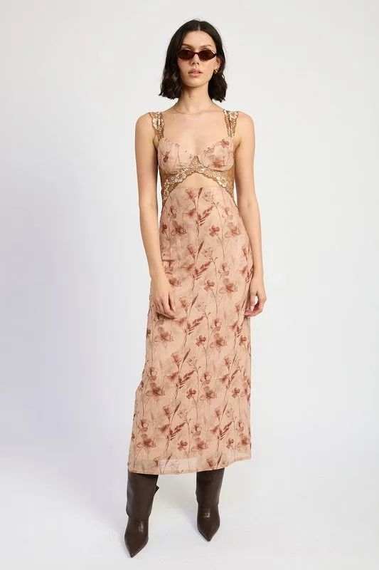 Hot Girl Bohemian Bloom Lace Contrast Floral Maxi Dress In Earthy Peach