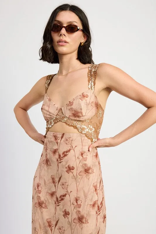 Hot Girl Bohemian Bloom Lace Contrast Floral Maxi Dress In Earthy Peach