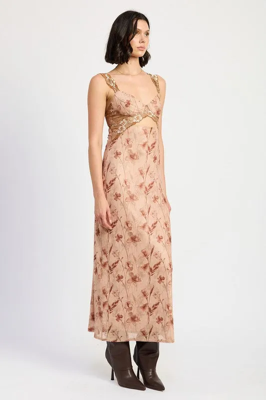 Hot Girl Bohemian Bloom Lace Contrast Floral Maxi Dress In Earthy Peach