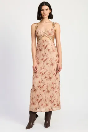 Hot Girl Bohemian Bloom Lace Contrast Floral Maxi Dress In Earthy Peach