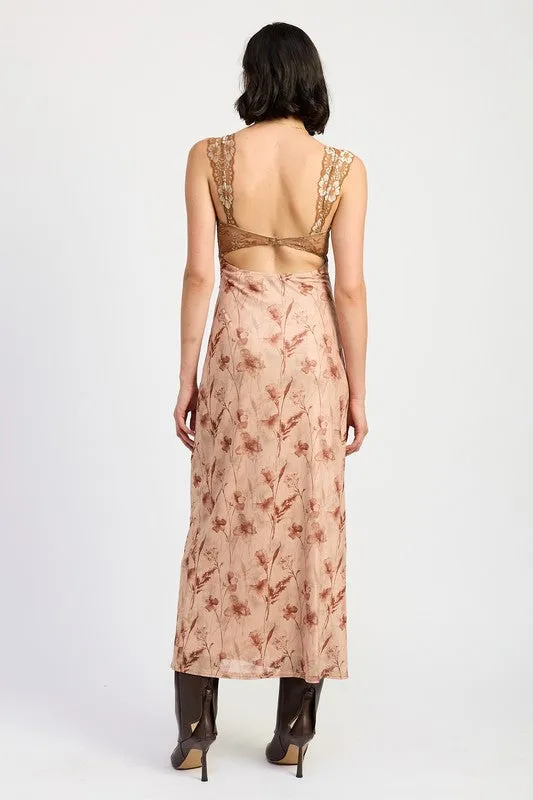 Hot Girl Bohemian Bloom Lace Contrast Floral Maxi Dress In Earthy Peach