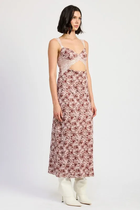 Hot Girl Bohemian Bloom Lace Contrast Floral Maxi Dress In Merlot