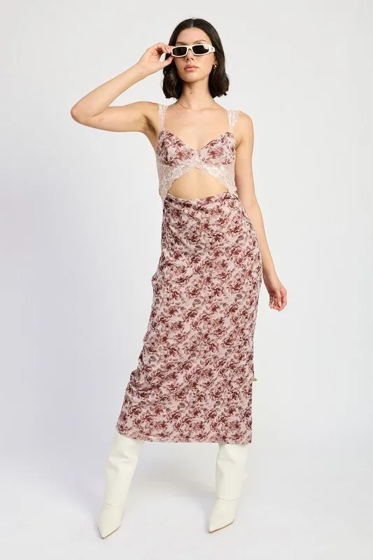 Hot Girl Bohemian Bloom Lace Contrast Floral Maxi Dress In Merlot