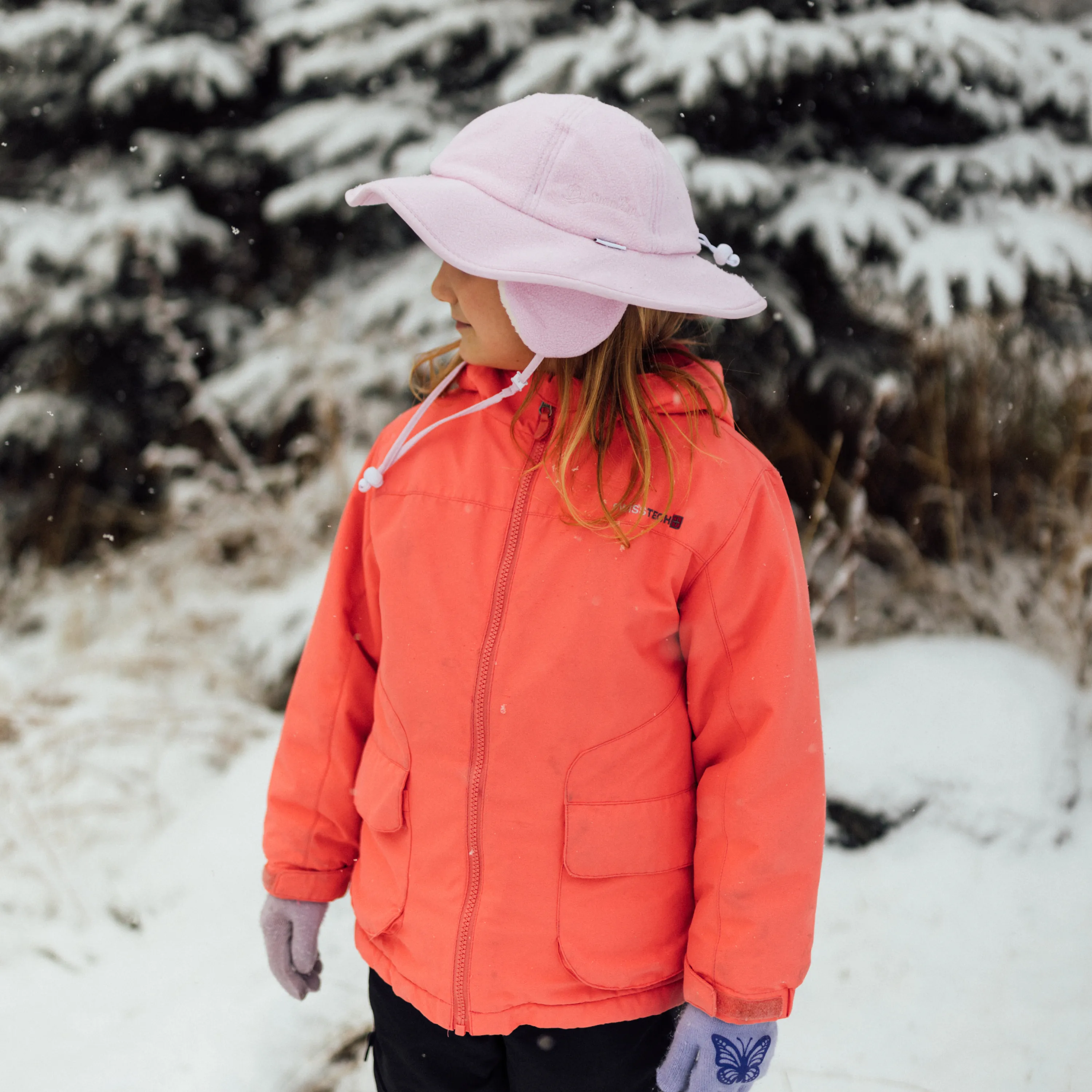 Kids Tundra Ear Flap Fleece Winter Wide Brim Sun Hat - Frosted Pink