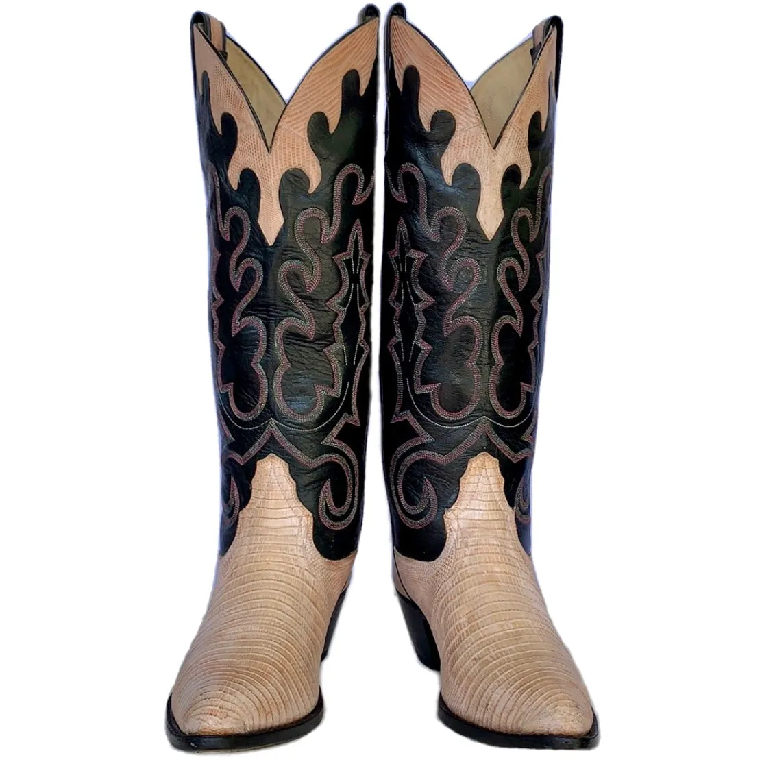 LARRY MAHAN Vintage Pink Lizard Exotic Black Leather Tall Knee High Cowgirl Cowboy Western Boots