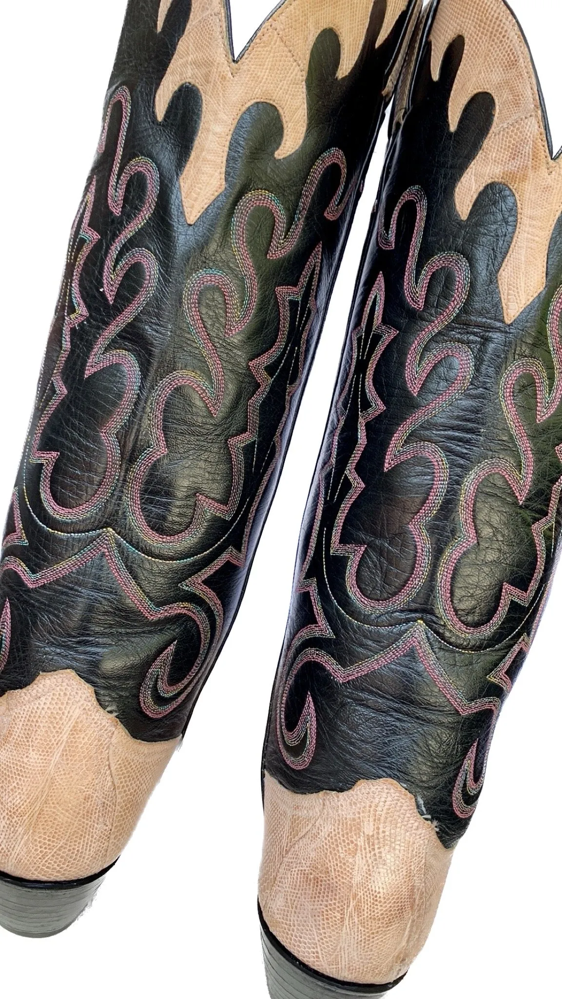 LARRY MAHAN Vintage Pink Lizard Exotic Black Leather Tall Knee High Cowgirl Cowboy Western Boots