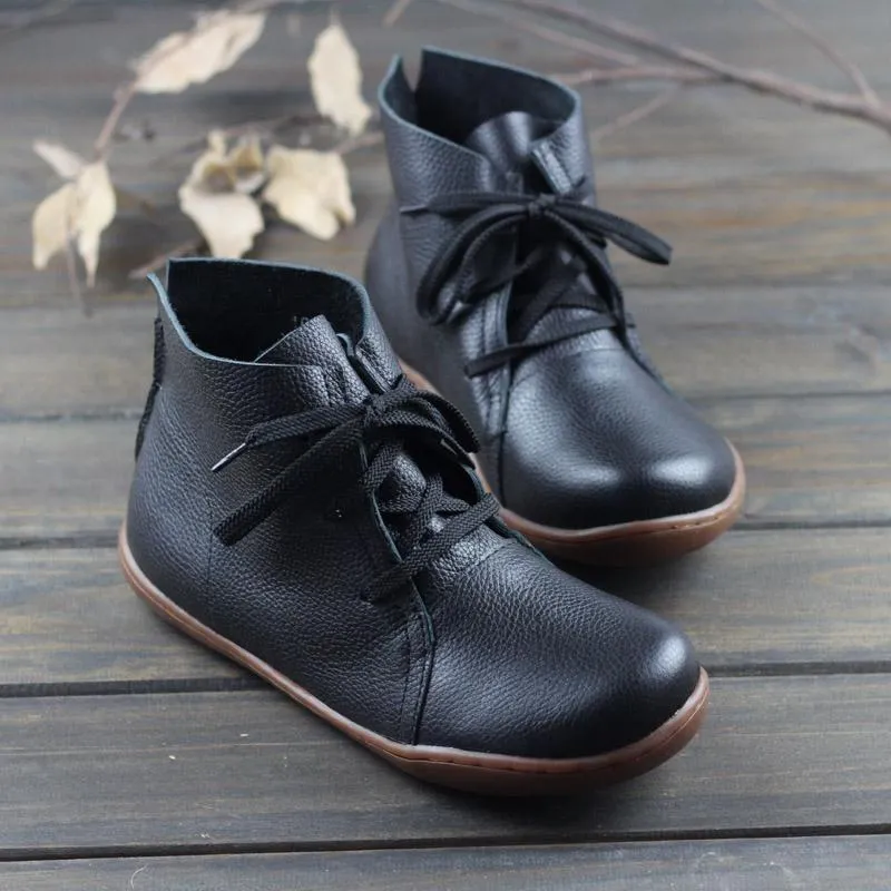 Leather Women Ankle Booties Lace-Up Casual Shoes Flats Brown/Black