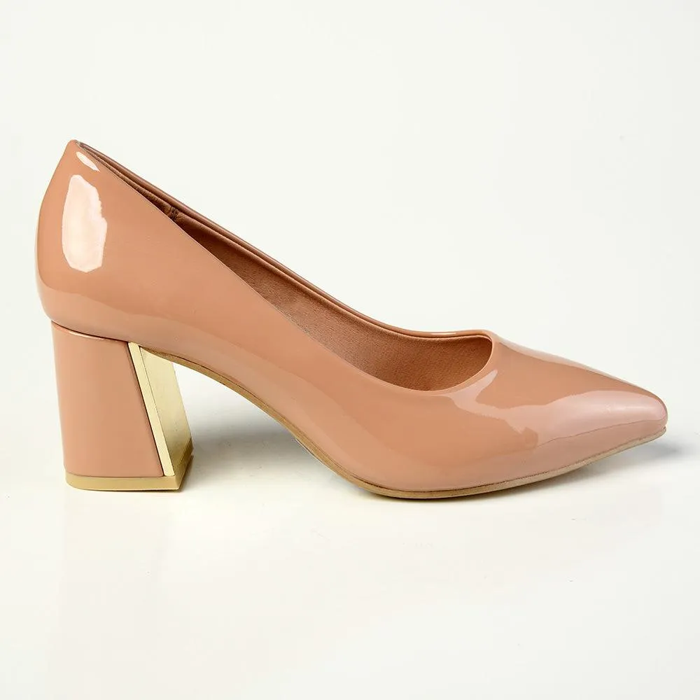 Madison Gold Low Block Heel Court - Nude / Gold