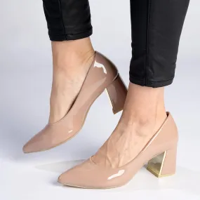 Madison Gold Low Block Heel Court - Nude / Gold