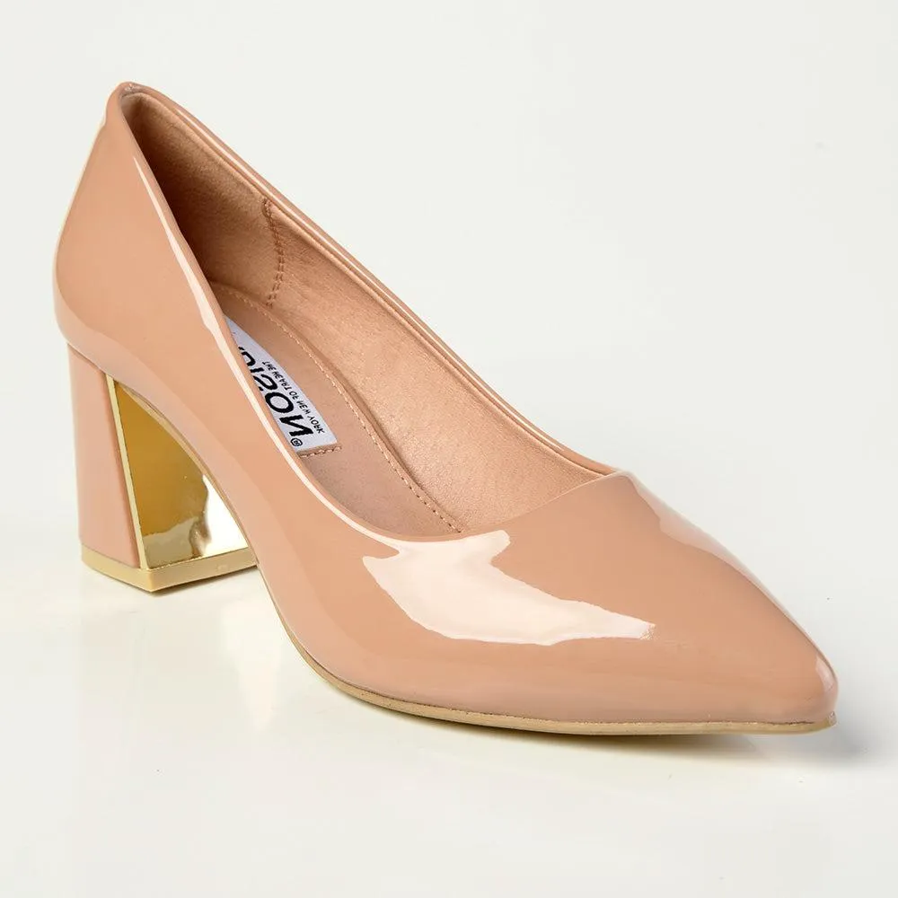 Madison Gold Low Block Heel Court - Nude / Gold