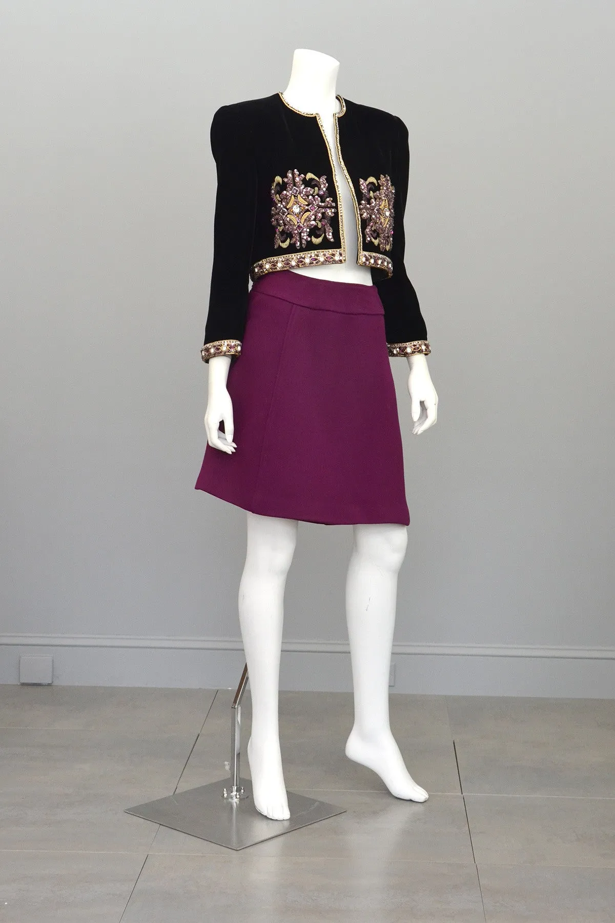 Mary McFadden Plum Velvet Beaded Cropped Evening Jacket