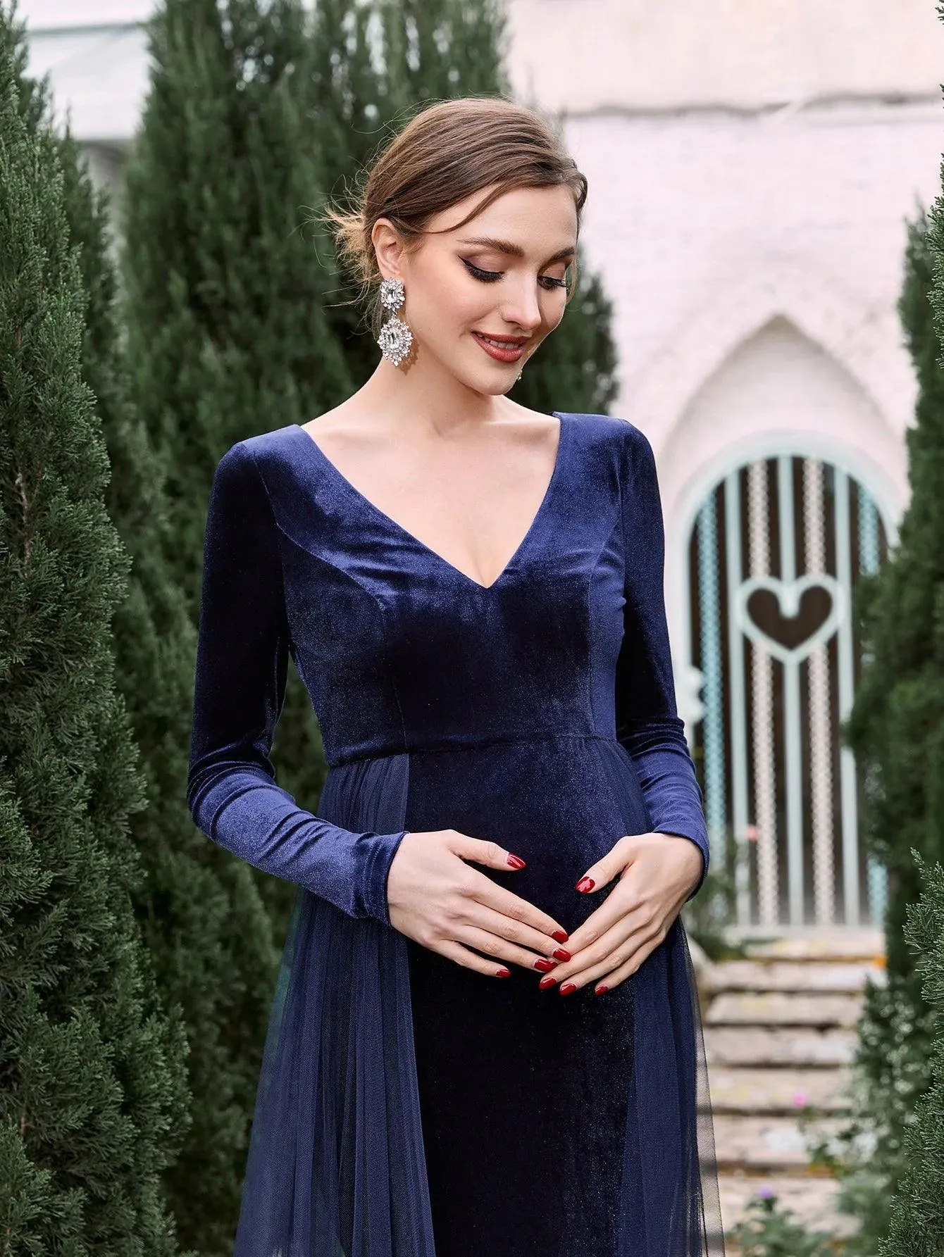 Maternity V Neck Long Sleeves Mermaid Hem Velvet Dress