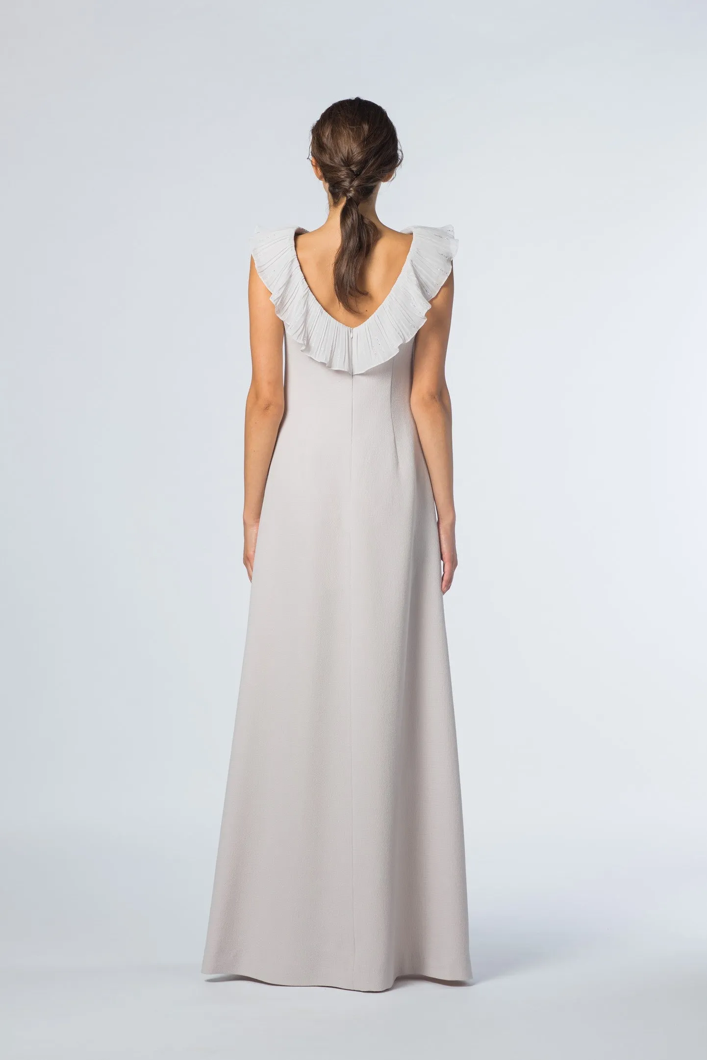 MERTENSIA BEIGE A-LINE GOWN WITH PLEATED DETAIL