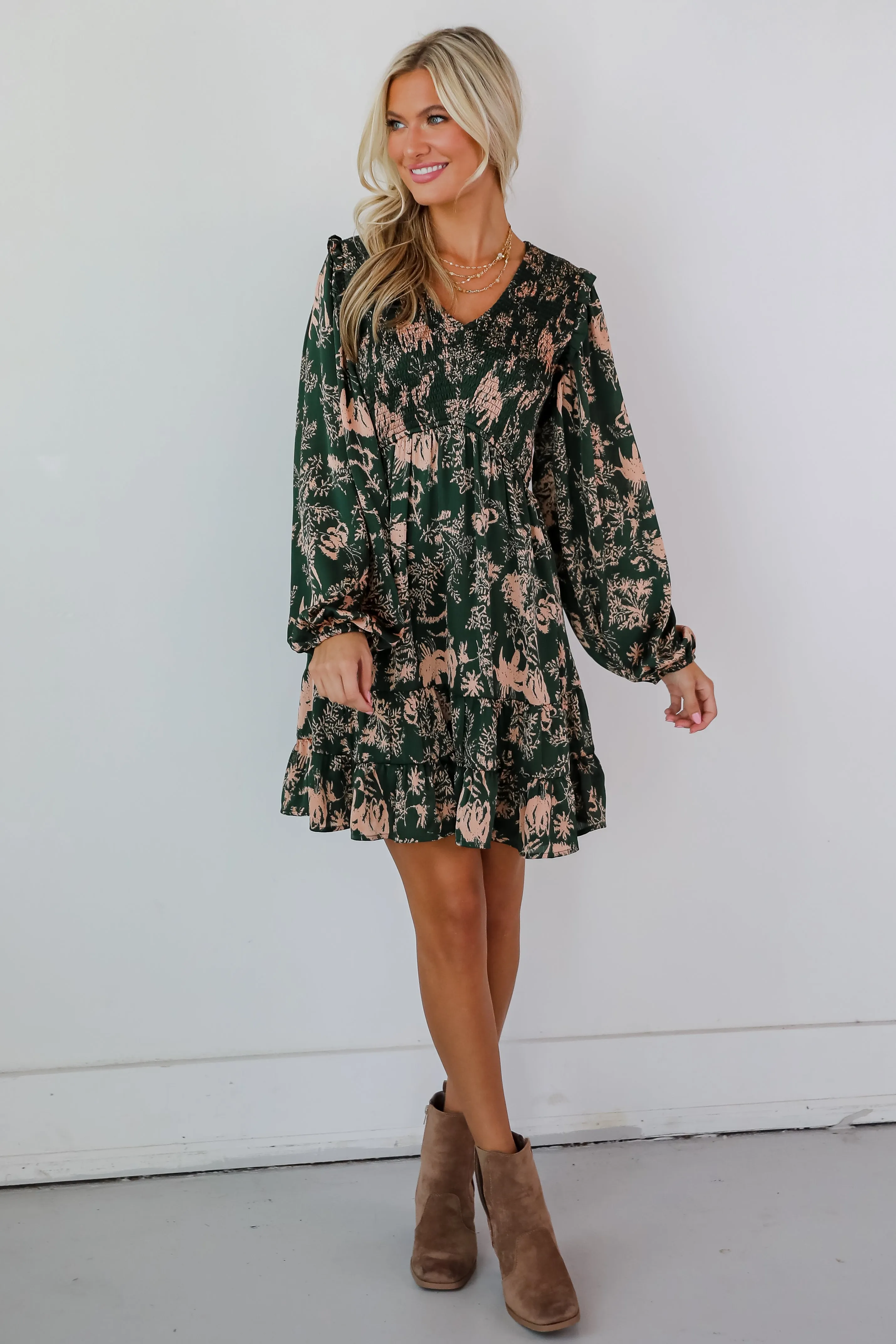 Notable Delight Hunter Green Floral Mini Dress