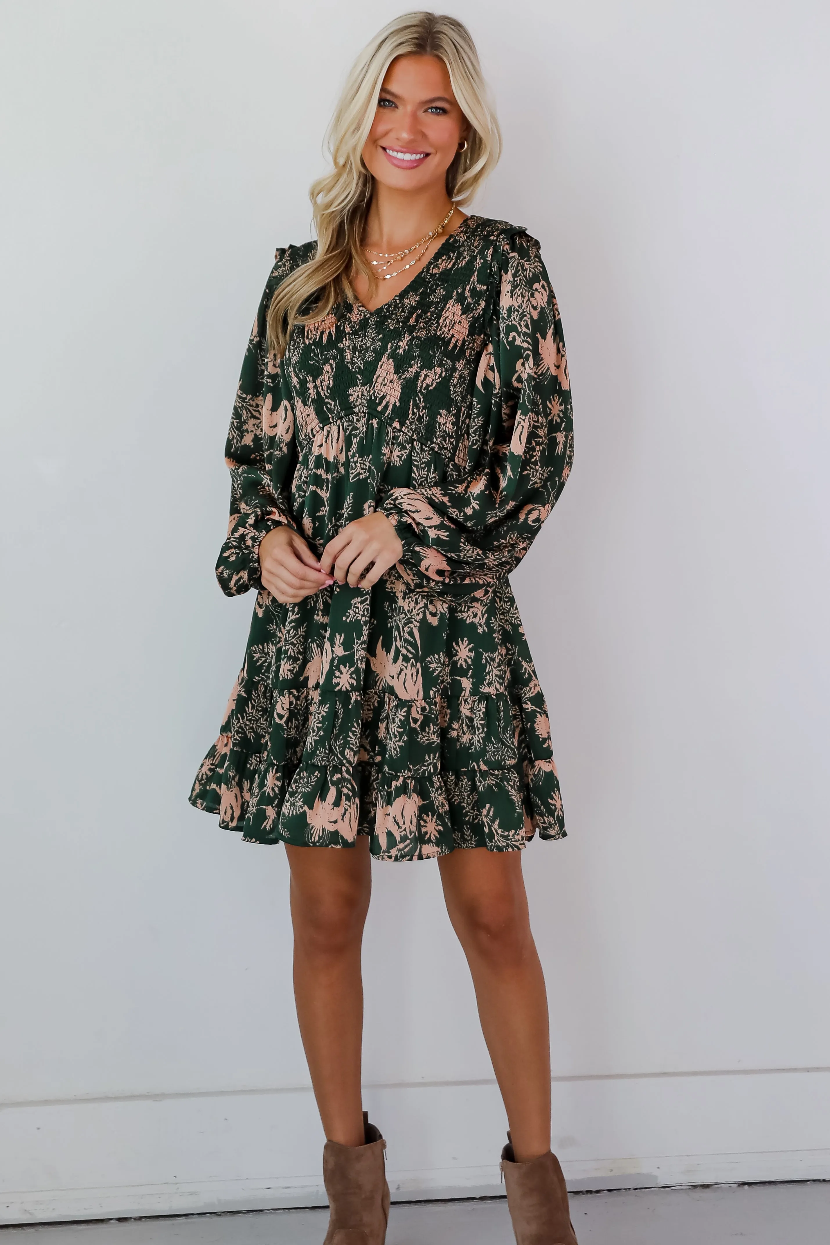 Notable Delight Hunter Green Floral Mini Dress