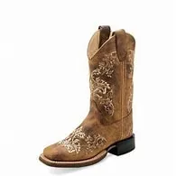 OLD WEST Youth Western Boots - Broad Square Toed in Burnt Tan