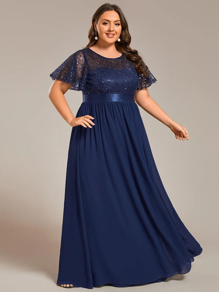 Plus Round-Neck Sequin Chiffon High Waist Formal Evening Dress With Short Sleeves