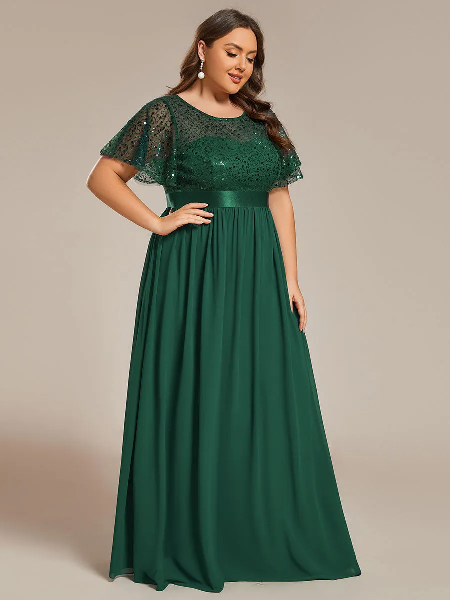 Plus Round-Neck Sequin Chiffon High Waist Formal Evening Dress With Short Sleeves