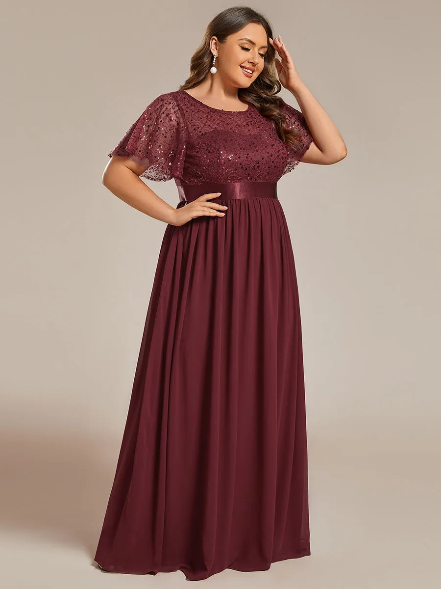 Plus Round-Neck Sequin Chiffon High Waist Formal Evening Dress With Short Sleeves