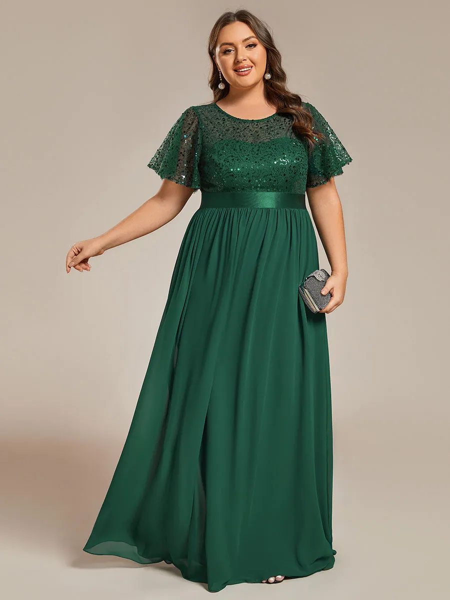 Plus Round-Neck Sequin Chiffon High Waist Formal Evening Dress With Short Sleeves