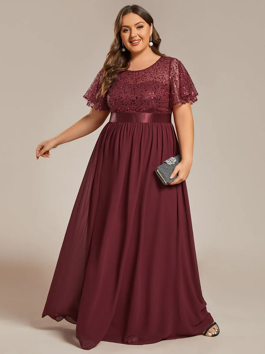 Plus Round-Neck Sequin Chiffon High Waist Formal Evening Dress With Short Sleeves