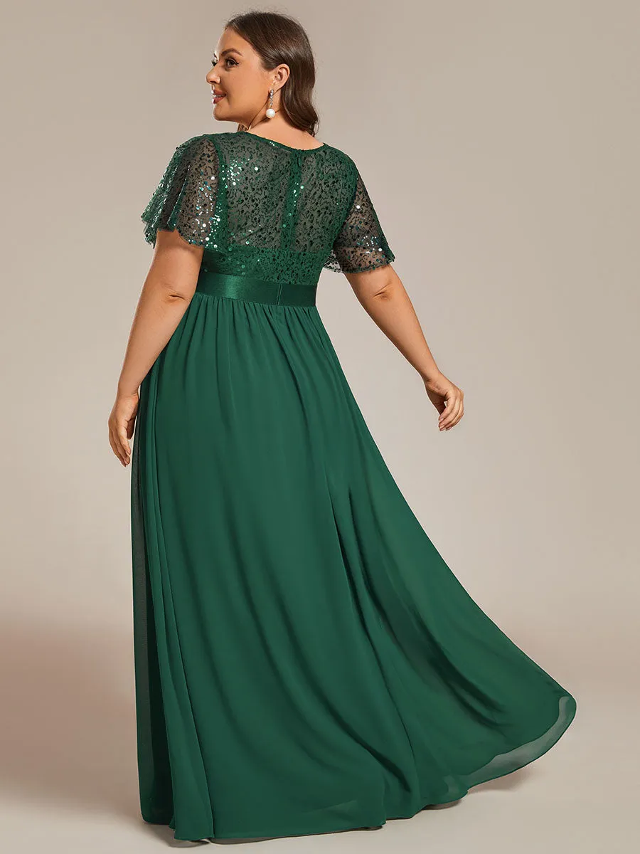 Plus Round-Neck Sequin Chiffon High Waist Formal Evening Dress With Short Sleeves