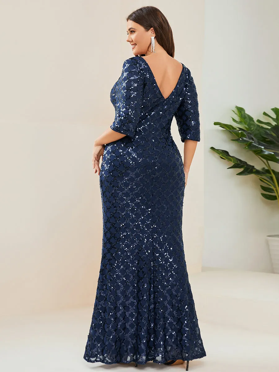 Plus Shiny Boat Neck Fishtail 3/4 Sleeves Wholesale Evening Dresses