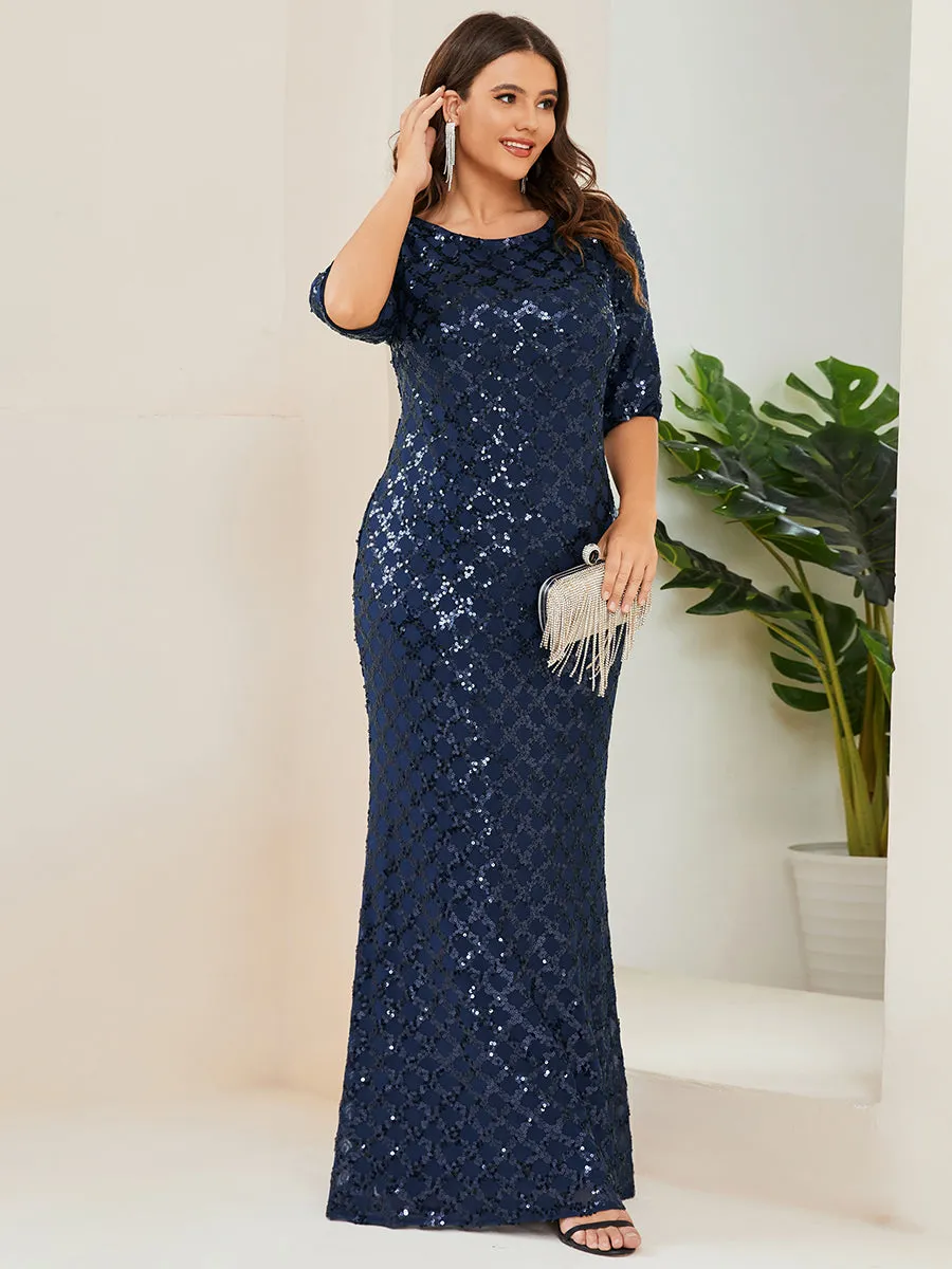 Plus Shiny Boat Neck Fishtail 3/4 Sleeves Wholesale Evening Dresses