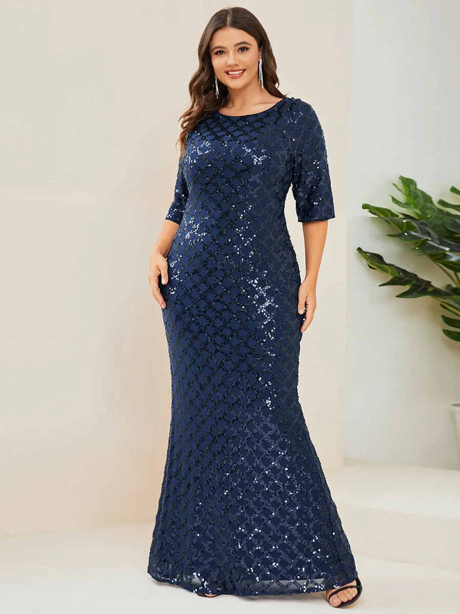 Plus Shiny Boat Neck Fishtail 3/4 Sleeves Wholesale Evening Dresses