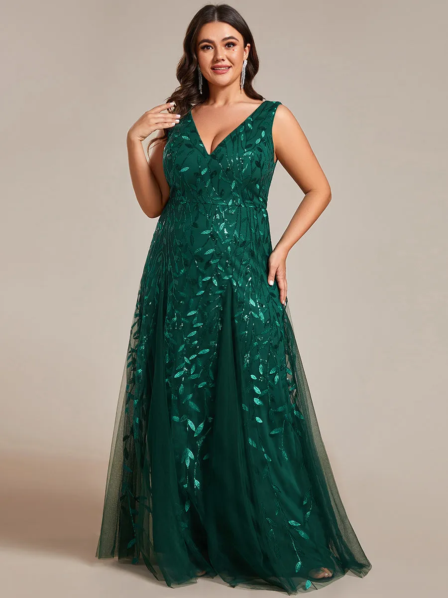 Plus Shiny V-Neck Sequin Sleeveless Evening Dress with Tulle