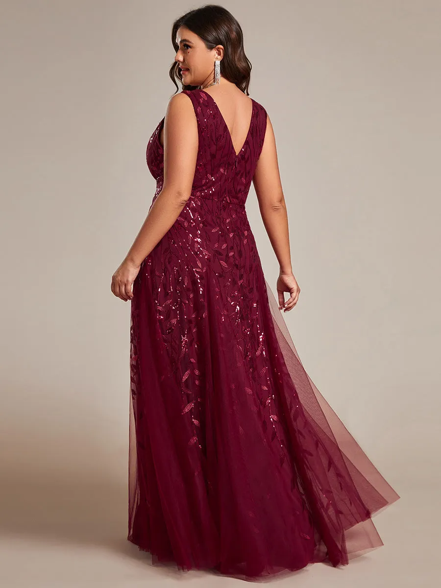 Plus Shiny V-Neck Sequin Sleeveless Evening Dress with Tulle