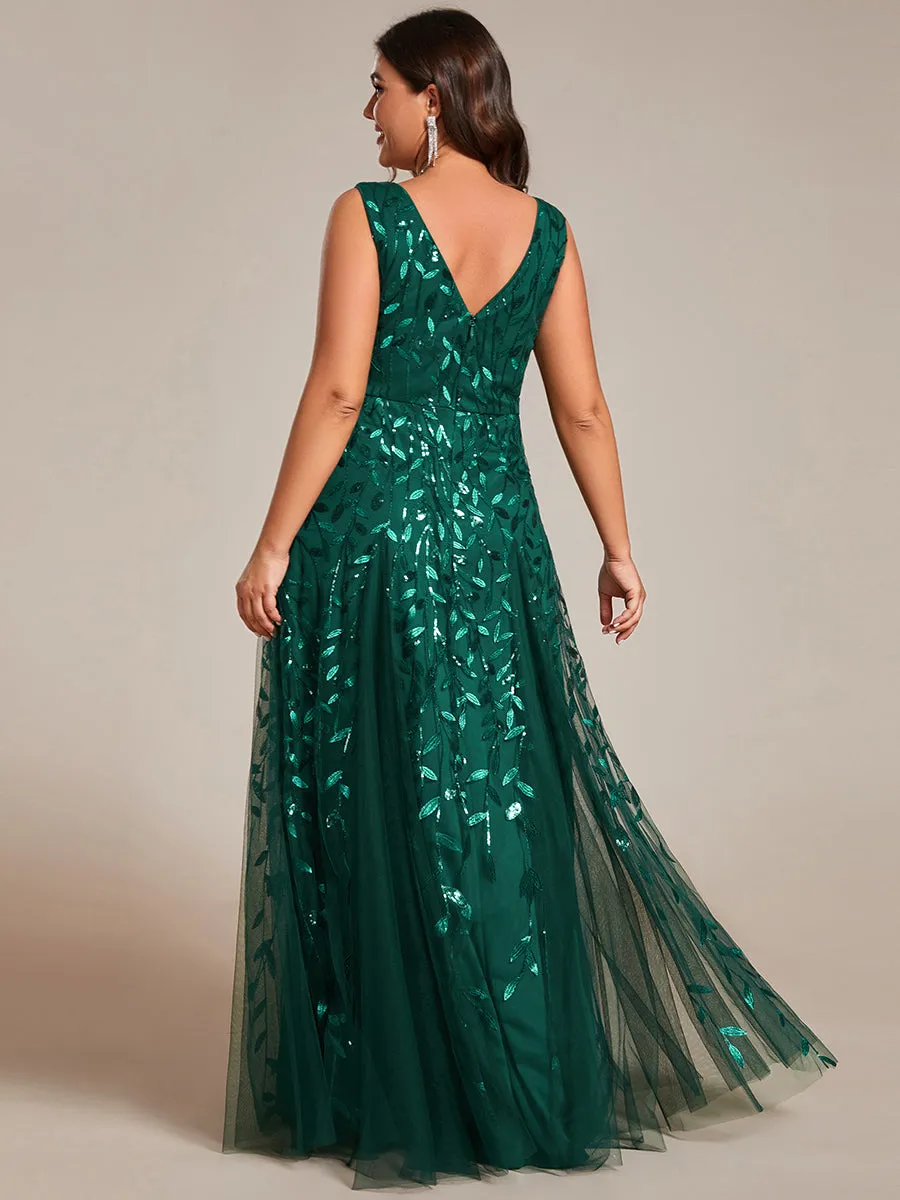 Plus Shiny V-Neck Sequin Sleeveless Evening Dress with Tulle