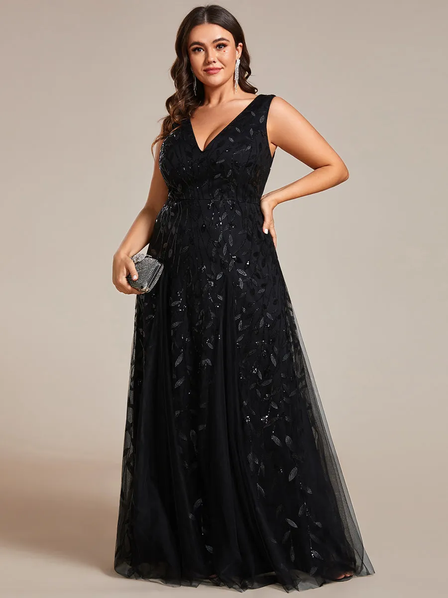 Plus Shiny V-Neck Sequin Sleeveless Evening Dress with Tulle