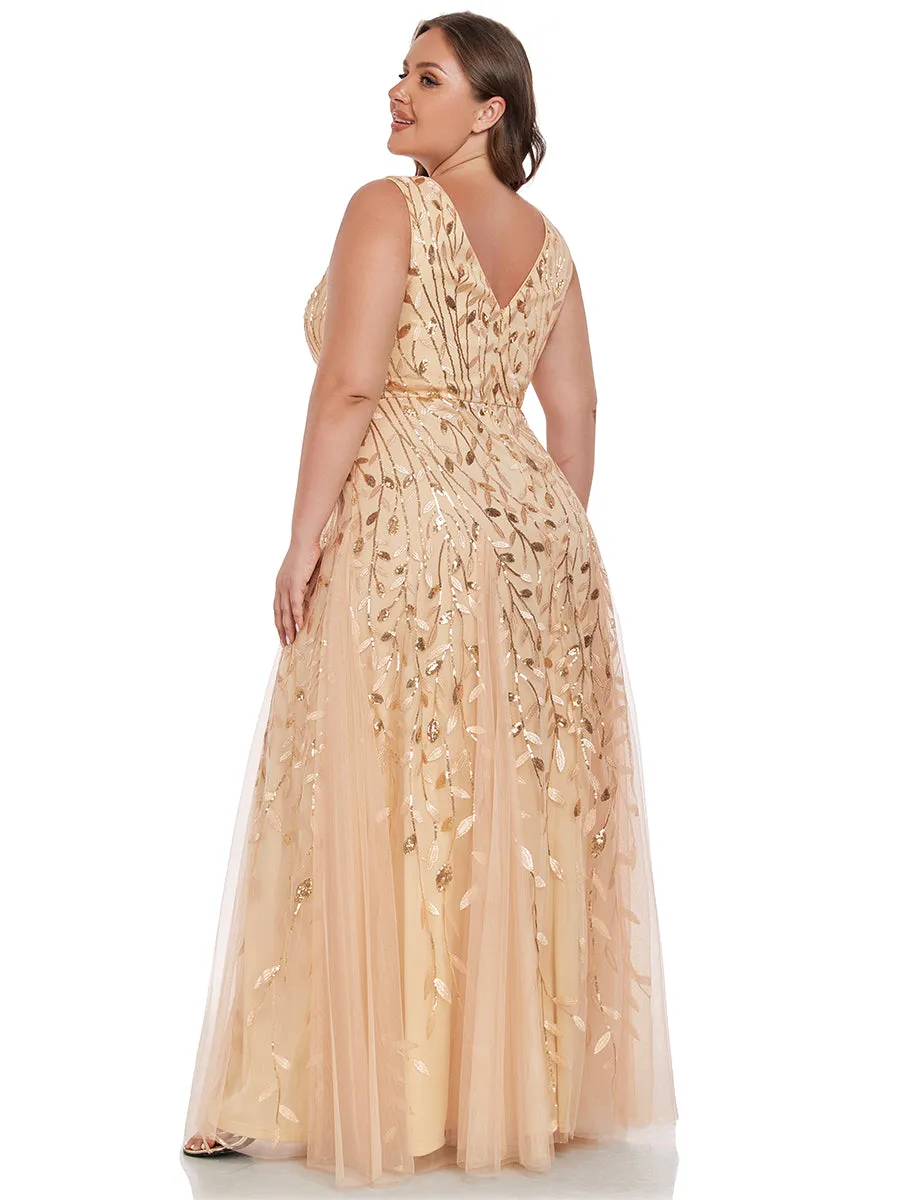 Plus Shiny V-Neck Sequin Sleeveless Evening Dress with Tulle