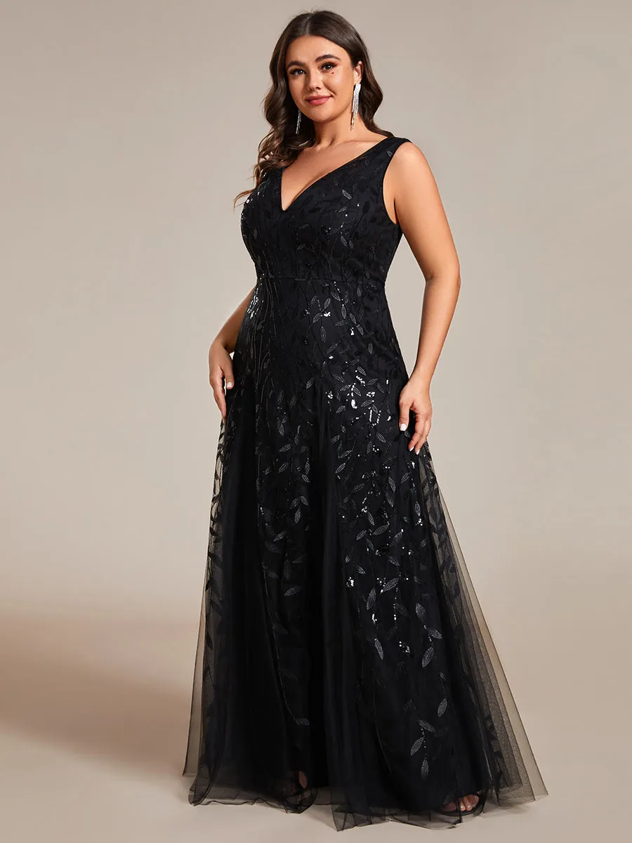 Plus Shiny V-Neck Sequin Sleeveless Evening Dress with Tulle