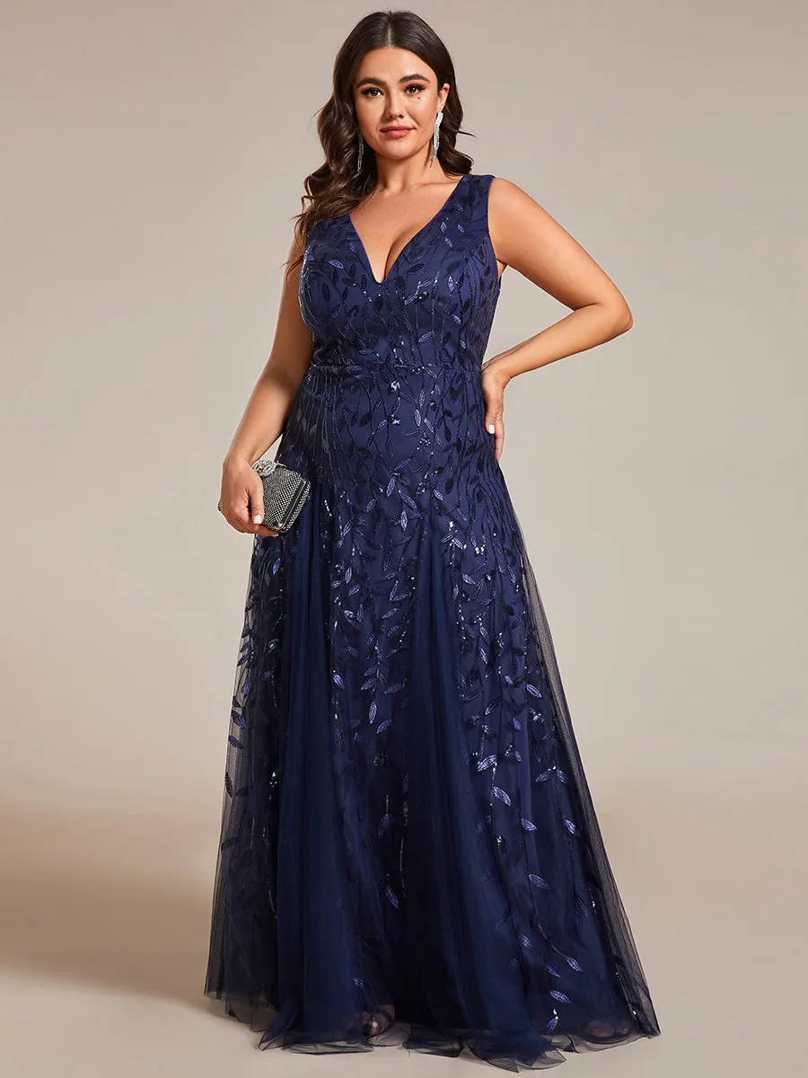 Plus Shiny V-Neck Sequin Sleeveless Evening Dress with Tulle