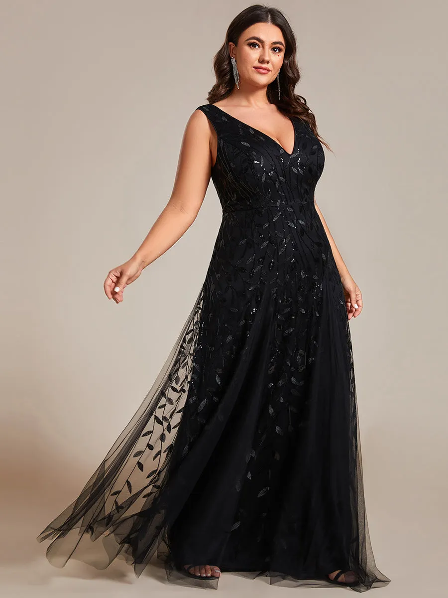 Plus Shiny V-Neck Sequin Sleeveless Evening Dress with Tulle