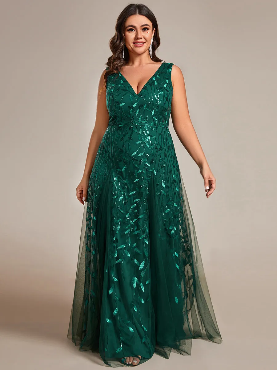 Plus Shiny V-Neck Sequin Sleeveless Evening Dress with Tulle