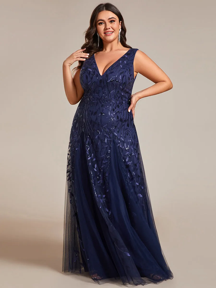 Plus Shiny V-Neck Sequin Sleeveless Evening Dress with Tulle