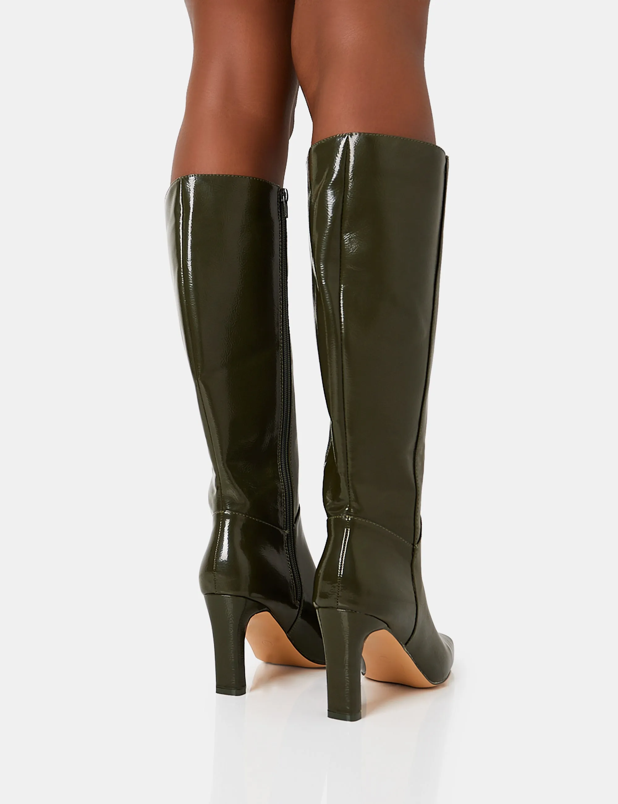 Pose Olive Textured Patent Pu Zip Up Knee High Slim Block Heeled Boots